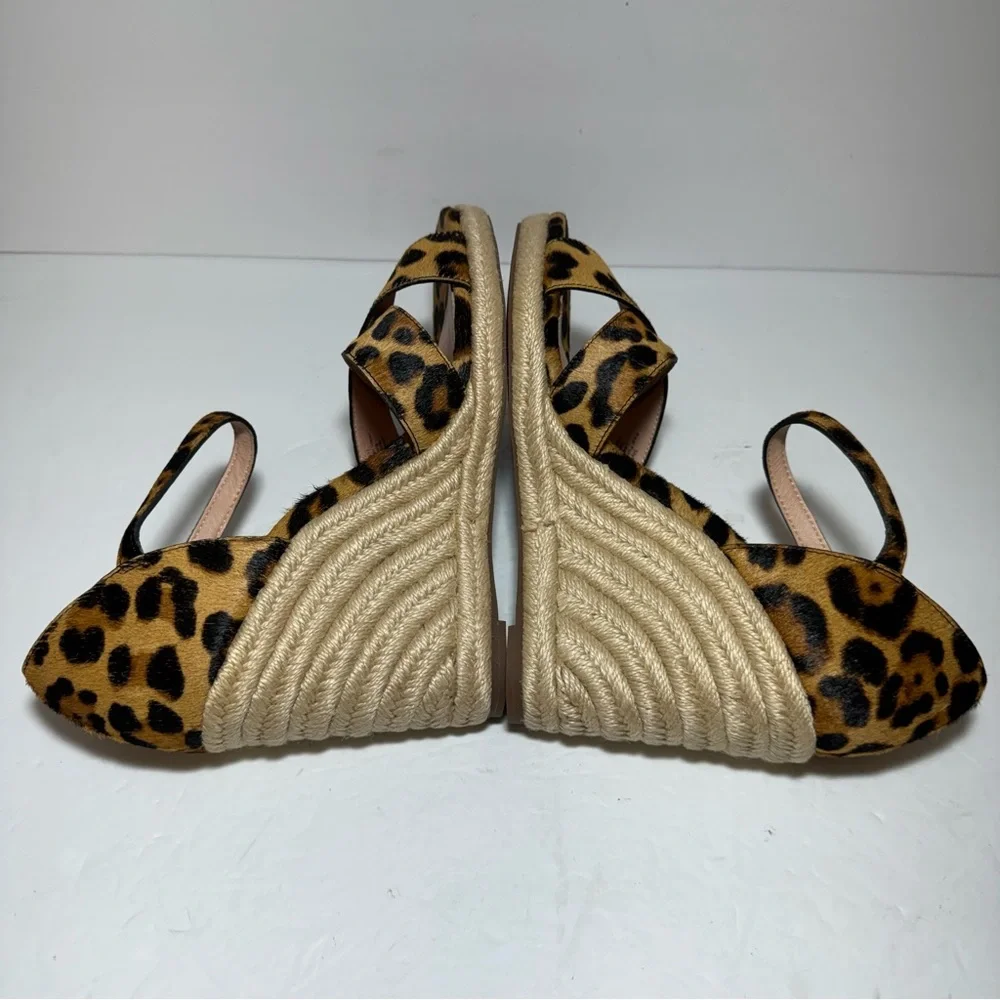 New J. CREW Leopard Print Calf Hair Tan Black Wedge Espadrille Sandals Size 9.5